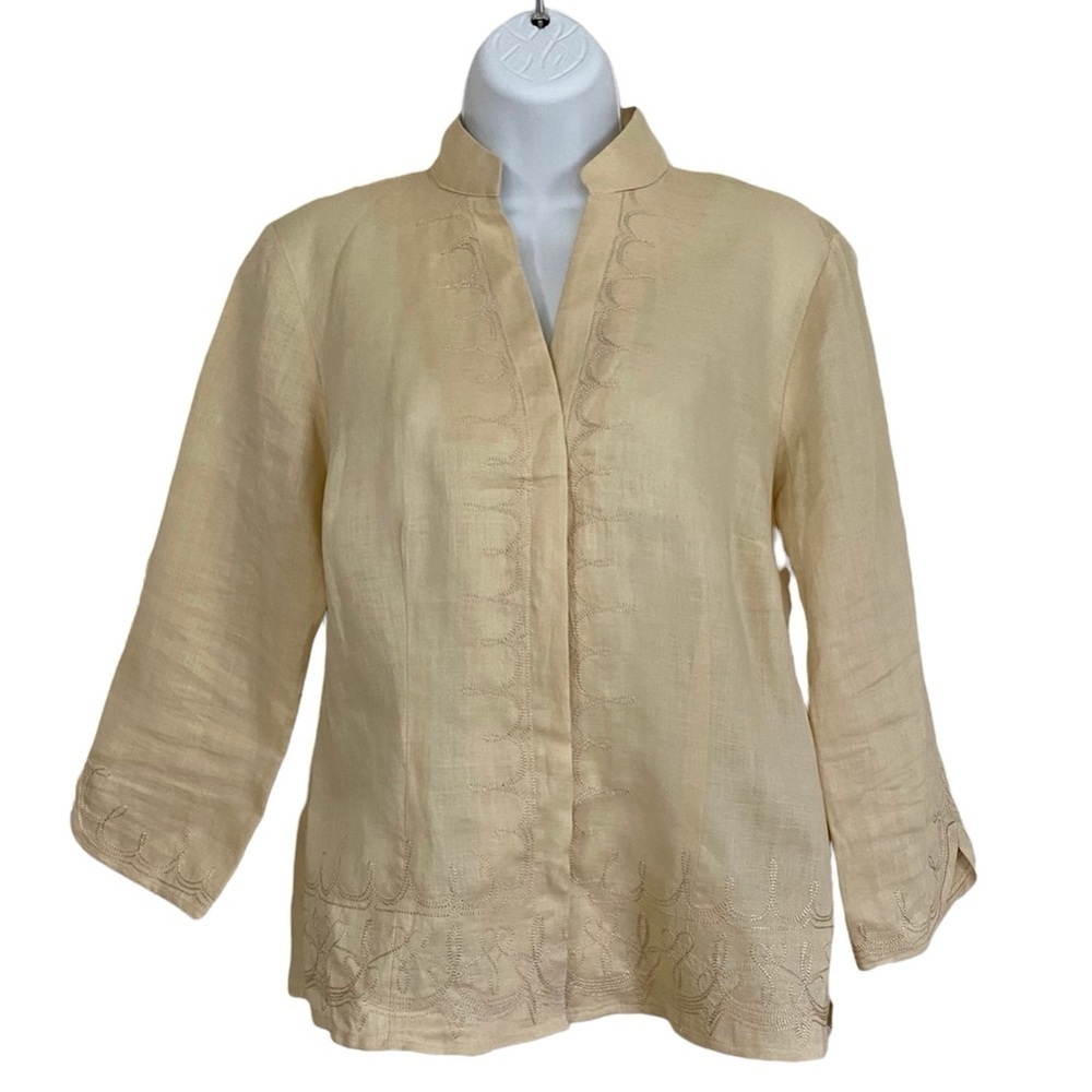 Flax Beige Linen Embroidered Button-up Top Blouse Medium Breathable Summer